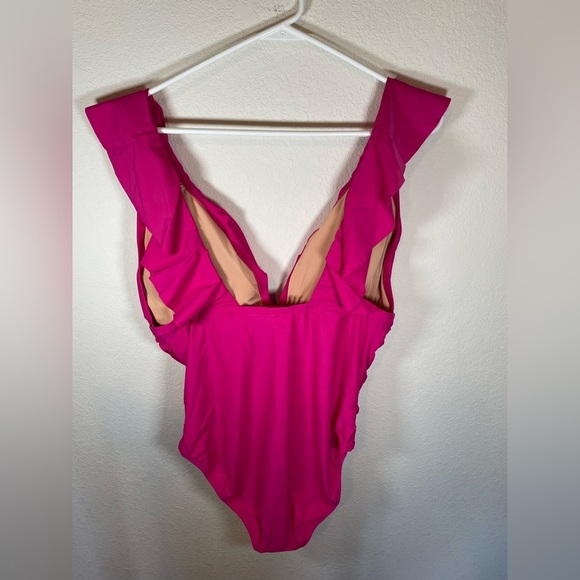 J.Crew fuchsia, pink ruffle ruched one piece swimsuit, size 18 - Picture 4 of 8